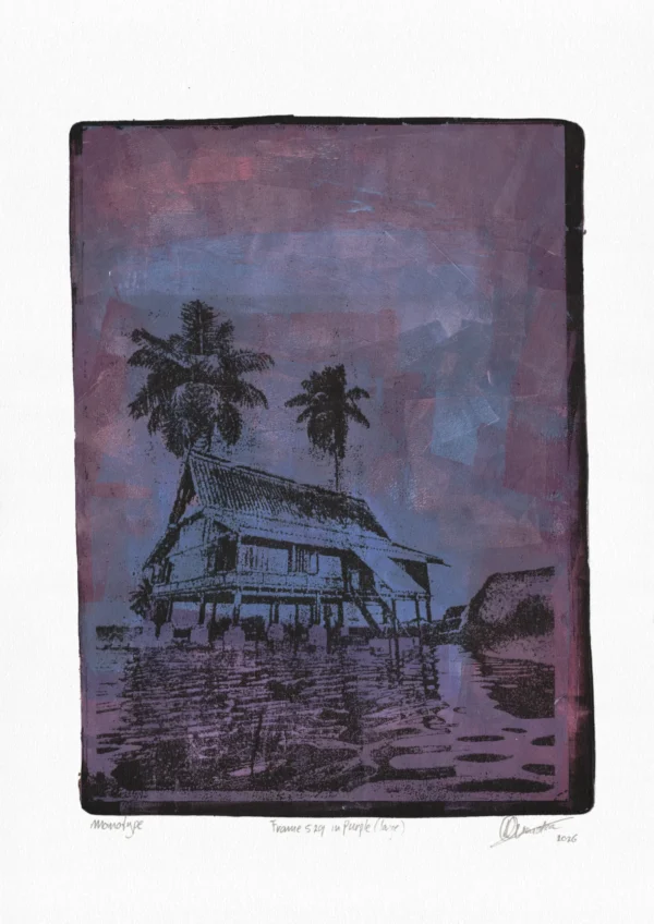 Frame 529 in Purple (l), gel plate monotype by Daniel Arendzen, shown in full including the paper and the pencil writing at the bottom. The impression shows a traditional Malaysian house in blue with two palms, reflected in purple water under a purple and blue sky, on textured cold-pressed paper