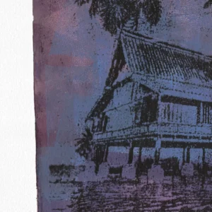 Frame 529 in Purple (l), gel plate monotype by Daniel Arendzen, shown as a close-up: the roof, walls and windows of the house in black over blue, with a palm above and the rippling purple water below