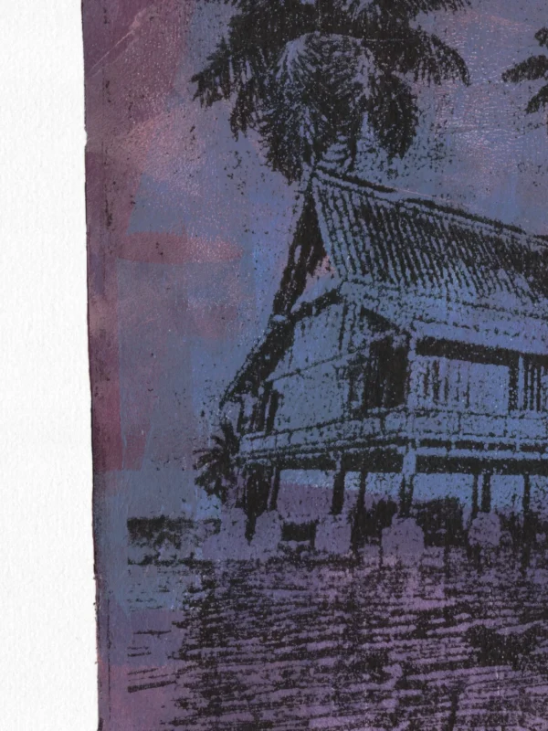 Frame 529 in Purple (l), gel plate monotype by Daniel Arendzen, shown as a close-up: the roof, walls and windows of the house in black over blue, with a palm above and the rippling purple water below