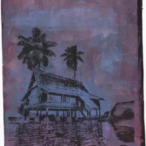 Frame 529 in Purple (l), gel plate monotype by Daniel Arendzen, showing the printed image only: a traditional Malaysian house on stilts in blue with two dark palms, reflected in purple water, under a sky of purple and blue patches, inside a dark edge