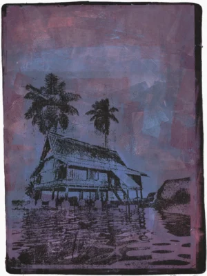 Frame 529 in Purple (l), gel plate monotype by Daniel Arendzen, showing the printed image only: a traditional Malaysian house on stilts in blue with two dark palms, reflected in purple water, under a sky of purple and blue patches, inside a dark edge