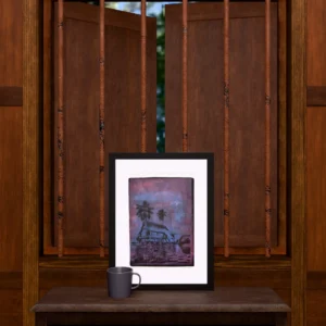 Frame 529 in Purple (l), gel plate monotype by Daniel Arendzen, framed and standing on a carved wooden cabinet under a barred window, with a mug for scale. The room is a Blender render of the interior of the same traditional Malaysian house shown in the print.