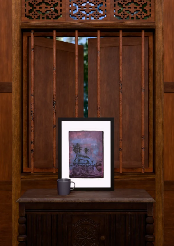 Frame 529 in Purple (l), gel plate monotype by Daniel Arendzen, framed and standing on a carved wooden cabinet under a barred window, with a mug for scale. The room is a Blender render of the interior of the same traditional Malaysian house shown in the print.