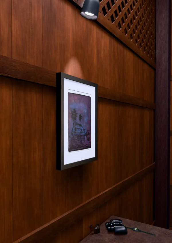 Frame 529 in Purple (l), gel plate monotype by Daniel Arendzen, framed on a wooden wall under a spotlight, seen from the side, with binoculars, a watch and a lighter on a table below. The room is a Blender render of the interior of the same traditional Malaysian house shown in the print.