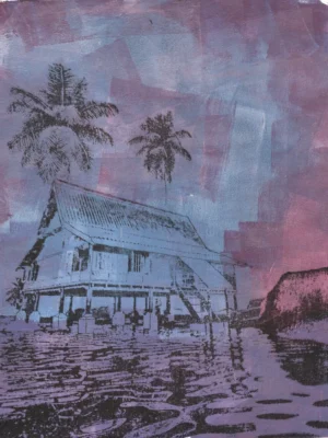 Frame 529 in Purple (s), gel plate monotype by Daniel Arendzen, showing the printed image only: a pale blue traditional Malaysian house on stilts with two black coconut palms, reflected in rippling purple water, with a dark rocky bank on the right. Big bold roller strokes of purple, pink and blue in the sky, and lines added by hand in black ink