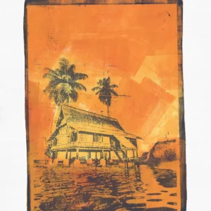 Frame 529 in Yellow (l), gel plate monotype by Daniel Arendzen, shown in full including the paper and the pencil writing at the bottom. The impression shows a traditional Malaysian house in yellow with two palms, reflected in the water under a sky of yellow turning orange, on textured cold-pressed paper