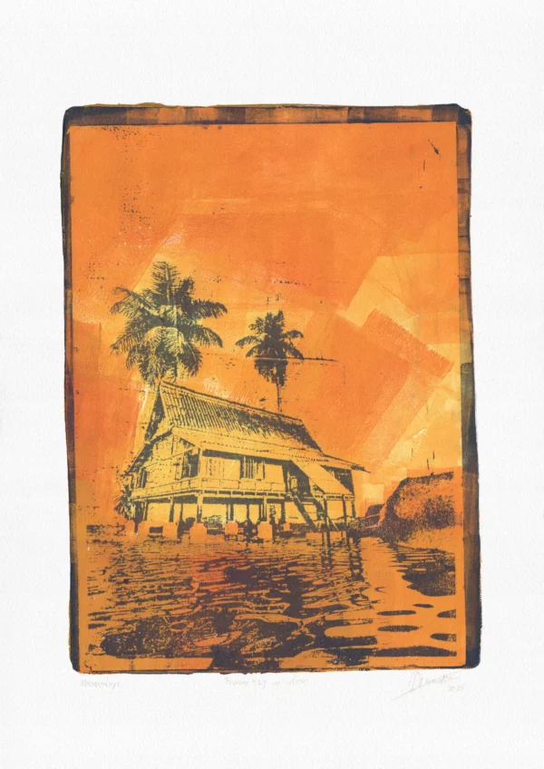 Frame 529 in Yellow (l), gel plate monotype by Daniel Arendzen, shown in full including the paper and the pencil writing at the bottom. The impression shows a traditional Malaysian house in yellow with two palms, reflected in the water under a sky of yellow turning orange, on textured cold-pressed paper