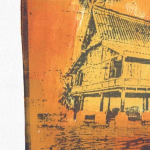 Frame 529 in Yellow (l), gel plate monotype by Daniel Arendzen, shown as a close-up: the roof, walls and veranda of the house in black over yellow, with a palm above and the rippling water below