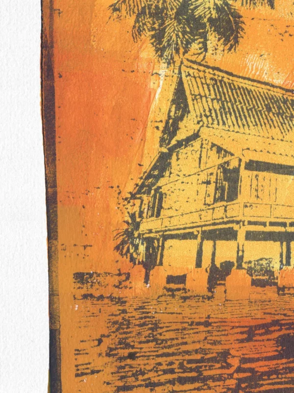 Frame 529 in Yellow (l), gel plate monotype by Daniel Arendzen, shown as a close-up: the roof, walls and veranda of the house in black over yellow, with a palm above and the rippling water below