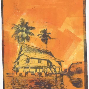 Frame 529 in Yellow (l), gel plate monotype by Daniel Arendzen, showing the printed image only: a traditional Malaysian house on stilts in yellow with two dark palms, reflected in the water, under a sky of yellow turning orange, inside a dark edge