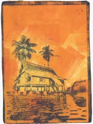 Frame 529 in Yellow (l), gel plate monotype by Daniel Arendzen, showing the printed image only: a traditional Malaysian house on stilts in yellow with two dark palms, reflected in the water, under a sky of yellow turning orange, inside a dark edge