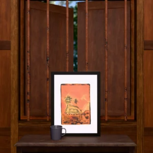 Frame 529 in Yellow (l), gel plate monotype by Daniel Arendzen, framed and standing on a carved wooden cabinet under a barred window, with a mug for scale. The room is a Blender render of the interior of the same traditional Malaysian house shown in the print.