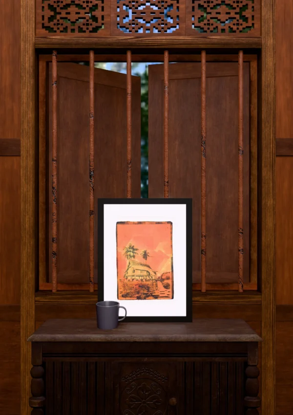 Frame 529 in Yellow (l), gel plate monotype by Daniel Arendzen, framed and standing on a carved wooden cabinet under a barred window, with a mug for scale. The room is a Blender render of the interior of the same traditional Malaysian house shown in the print.