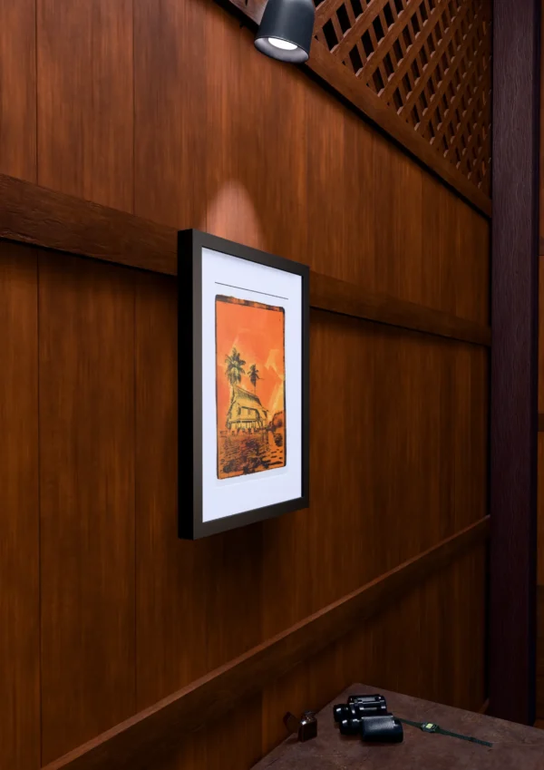 Frame 529 in Yellow (l), gel plate monotype by Daniel Arendzen, framed on a wooden wall under a spotlight, seen from the side, with binoculars, a watch and a lighter on a table below. The room is a Blender render of the interior of the same traditional Malaysian house shown in the print.
