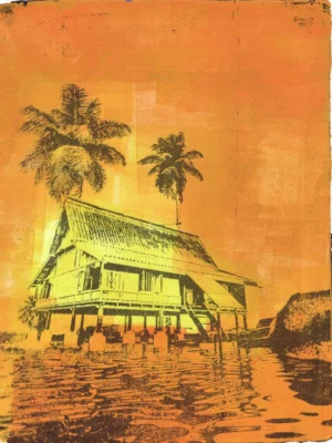 Frame 529 in Yellow (s), gel plate monotype by Daniel Arendzen, showing the printed image only: a yellow traditional Malaysian house on stilts in deep black lines, with two black coconut palms, reflected in rippling water, a dark rocky bank on the right, under a sky of yellow shades turning orange. Lines added by hand in black ink