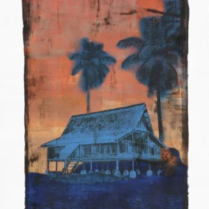 Frame 531 #3 Frame 531 #3, gel plate monotype by Daniel Arendzen, shown in full including the paper and the pencil writing at the bottom. The impression shows a traditional Malaysian house in pale blue with two palms, against an orange sky with smudged black spots, above deep blue ground, on textured cold-pressed paper