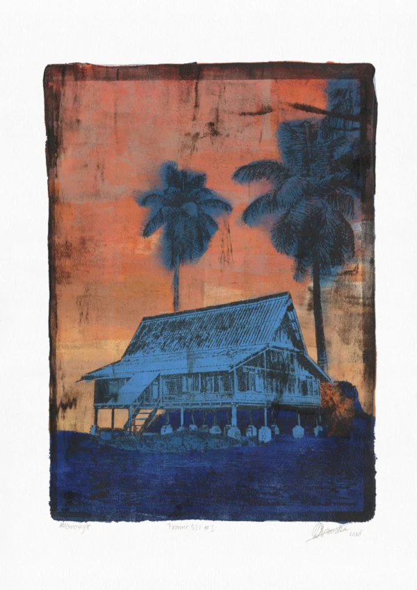 Frame 531 #3 Frame 531 #3, gel plate monotype by Daniel Arendzen, shown in full including the paper and the pencil writing at the bottom. The impression shows a traditional Malaysian house in pale blue with two palms, against an orange sky with smudged black spots, above deep blue ground, on textured cold-pressed paper