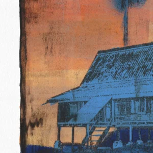 Frame 531 #3 - Detail Frame 531 #3, gel plate monotype by Daniel Arendzen, shown as a close-up: the roof, walls and staircase of the house in pale blue, with a palm above and smudged black spots in the orange sky