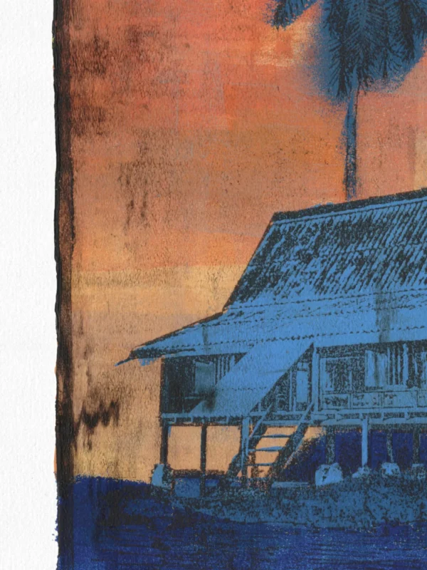Frame 531 #3 - Detail Frame 531 #3, gel plate monotype by Daniel Arendzen, shown as a close-up: the roof, walls and staircase of the house in pale blue, with a palm above and smudged black spots in the orange sky