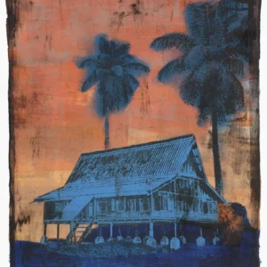 Frame 531 #3 - Print Frame 531 #3, gel plate monotype by Daniel Arendzen, showing the printed image only: a traditional Malaysian house on stilts in pale blue with two dark blue palms, against an orange sky with smudged black spots, above deep blue ground, inside a dark edge