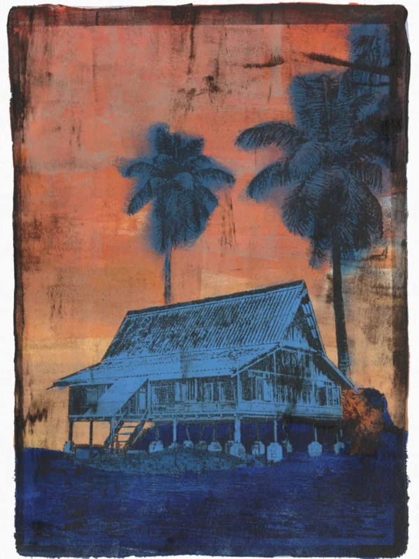 Frame 531 #3 - Print Frame 531 #3, gel plate monotype by Daniel Arendzen, showing the printed image only: a traditional Malaysian house on stilts in pale blue with two dark blue palms, against an orange sky with smudged black spots, above deep blue ground, inside a dark edge