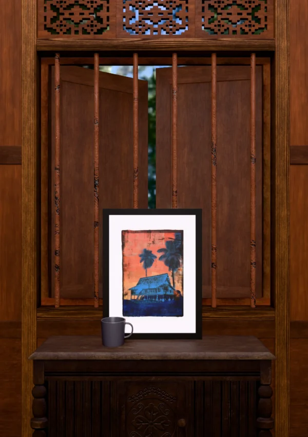 Frame 531 #3 - Room Frame 531 #3, gel plate monotype by Daniel Arendzen, framed and standing on a carved wooden cabinet under a barred window, with a mug for scale. The room is a Blender render of the interior of the same traditional Malaysian house shown in the print.