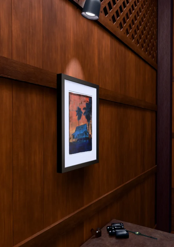 Frame 531 #3 - Wall Frame 531 #3, gel plate monotype by Daniel Arendzen, framed on a wooden wall under a spotlight, seen from the side, with binoculars, a watch and a lighter on a table below. The room is a Blender render of the interior of the same traditional Malaysian house shown in the print.