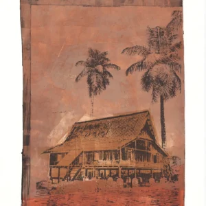 Frame 531 in Dust, gel plate monotype by Daniel Arendzen, shown in full including the paper and the pencil writing at the bottom. The impression shows a traditional Malaysian house with two tall palms in dusty browns and pinks, on rust-coloured ground, on textured cold-pressed paper