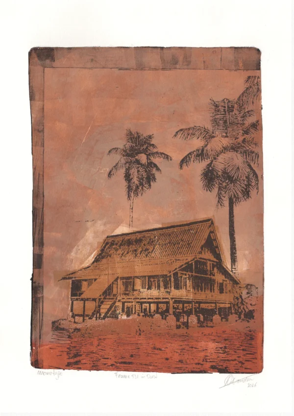 Frame 531 in Dust, gel plate monotype by Daniel Arendzen, shown in full including the paper and the pencil writing at the bottom. The impression shows a traditional Malaysian house with two tall palms in dusty browns and pinks, on rust-coloured ground, on textured cold-pressed paper