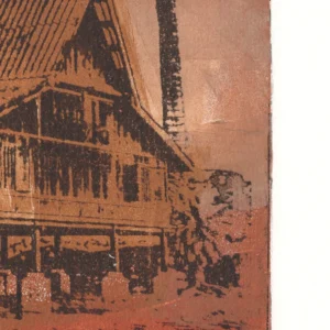 Frame 531 in Dust, gel plate monotype by Daniel Arendzen, shown as a close-up: the roof, walls and veranda of the house in black over dusty brown, with a dark palm trunk at the right