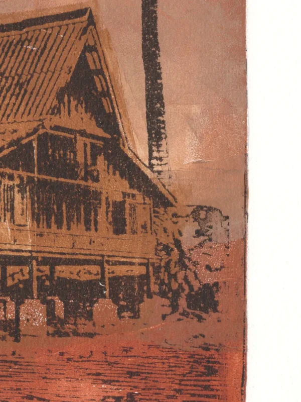 Frame 531 in Dust, gel plate monotype by Daniel Arendzen, shown as a close-up: the roof, walls and veranda of the house in black over dusty brown, with a dark palm trunk at the right