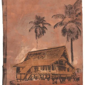 Frame 531 in Dust, gel plate monotype by Daniel Arendzen, showing the printed image only: a traditional Malaysian house on stilts with two tall dark palms, in dusty browns and pinks, on rust-coloured ground, inside a darker edge