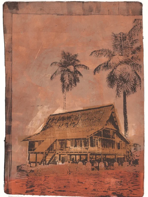 Frame 531 in Dust, gel plate monotype by Daniel Arendzen, showing the printed image only: a traditional Malaysian house on stilts with two tall dark palms, in dusty browns and pinks, on rust-coloured ground, inside a darker edge