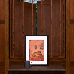 Frame 531 in Dust, gel plate monotype by Daniel Arendzen, framed and standing on a carved wooden cabinet under a barred window, with a mug for scale. The room is a Blender render of the interior of the same traditional Malaysian house shown in the print.