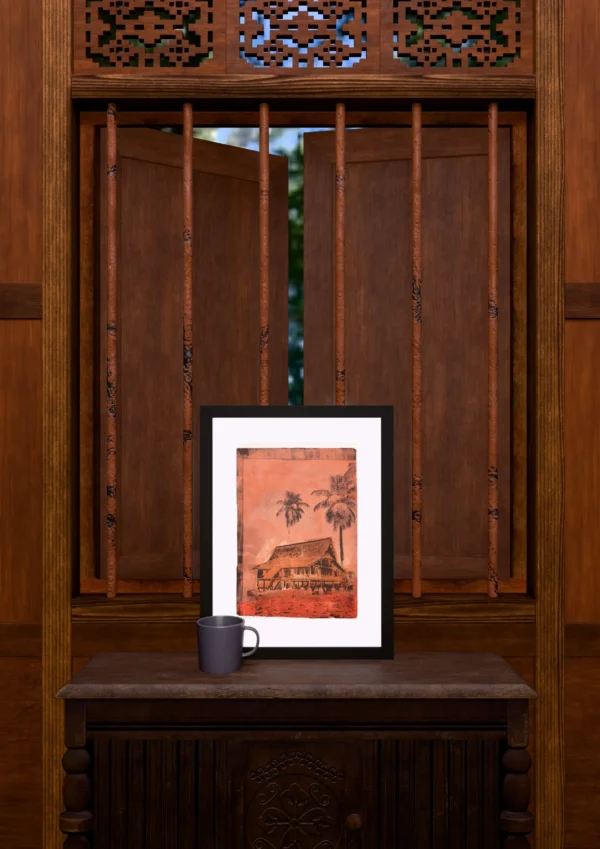 Frame 531 in Dust, gel plate monotype by Daniel Arendzen, framed and standing on a carved wooden cabinet under a barred window, with a mug for scale. The room is a Blender render of the interior of the same traditional Malaysian house shown in the print.