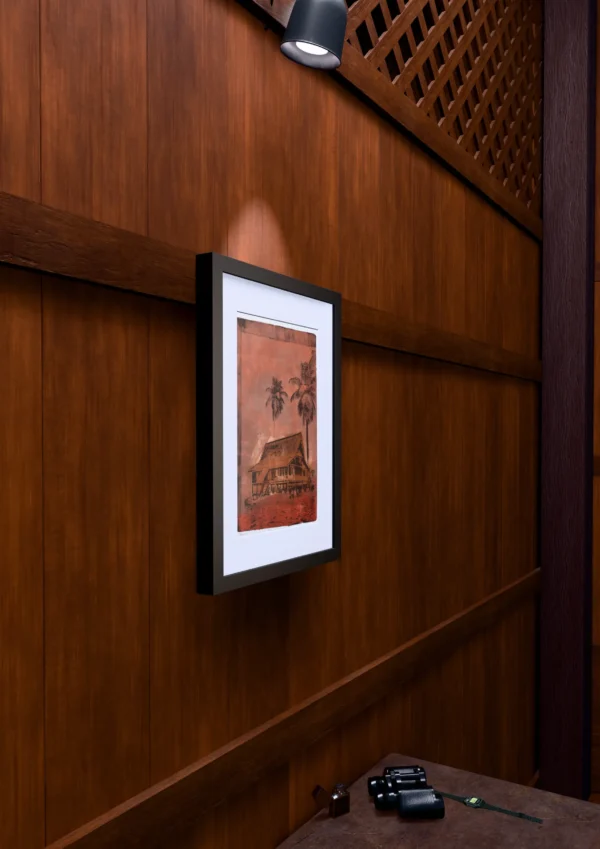 Frame 531 in Dust, gel plate monotype by Daniel Arendzen, framed on a wooden wall under a spotlight, seen from the side, with binoculars, a watch and a lighter on a table below. The room is a Blender render of the interior of the same traditional Malaysian house shown in the print.