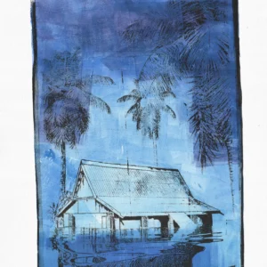 Frame 532 #3 Study, gel plate monotype by Daniel Arendzen, shown in full including the paper and the pencil writing at the bottom. The impression shows a traditional Malaysian house in pale blue standing in water under tall palms, with a sky of blue and purple, on textured cold-pressed paper