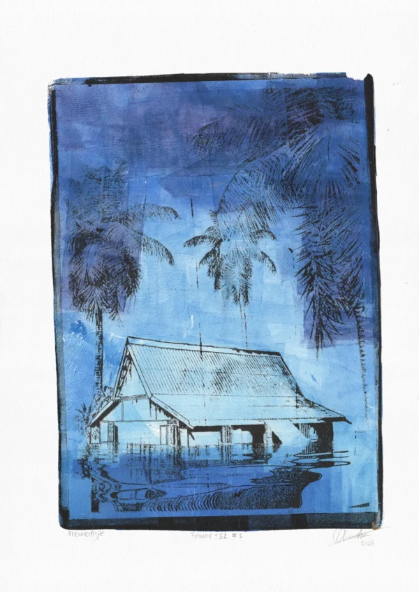 Frame 532 #3 Study, gel plate monotype by Daniel Arendzen, shown in full including the paper and the pencil writing at the bottom. The impression shows a traditional Malaysian house in pale blue standing in water under tall palms, with a sky of blue and purple, on textured cold-pressed paper