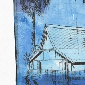 Frame 532 #3 Study, gel plate monotype by Daniel Arendzen, shown as a close-up: the roof and walls of the house in pale blue, with a dark palm at the left and its reflections in the water below