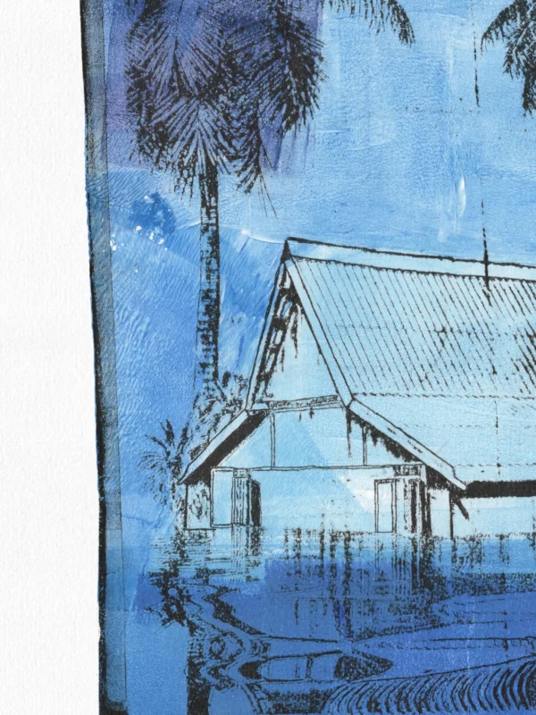 Frame 532 #3 Study, gel plate monotype by Daniel Arendzen, shown as a close-up: the roof and walls of the house in pale blue, with a dark palm at the left and its reflections in the water below
