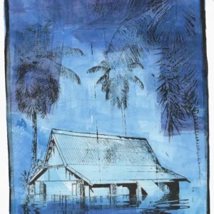 Frame 532 #3 Study, gel plate monotype by Daniel Arendzen, showing the printed image only: a traditional Malaysian house in pale blue standing in water, under tall dark palms, with a sky of blue and purple and reflections in the water, inside a dark edge