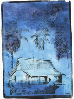 Frame 532 #3 Study - Print Frame 532 #3 Study, gel plate monotype by Daniel Arendzen, showing the printed image only: a traditional Malaysian house in pale blue standing in water, under tall dark palms, with a sky of blue and purple and reflections in the water, inside a dark edge