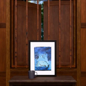 Frame 532 #3 Study, gel plate monotype by Daniel Arendzen, framed and standing on a carved wooden cabinet under a barred window, with a mug for scale. The room is a Blender render of the interior of the same traditional Malaysian house shown in the print.