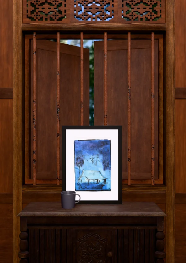 Frame 532 #3 Study, gel plate monotype by Daniel Arendzen, framed and standing on a carved wooden cabinet under a barred window, with a mug for scale. The room is a Blender render of the interior of the same traditional Malaysian house shown in the print.
