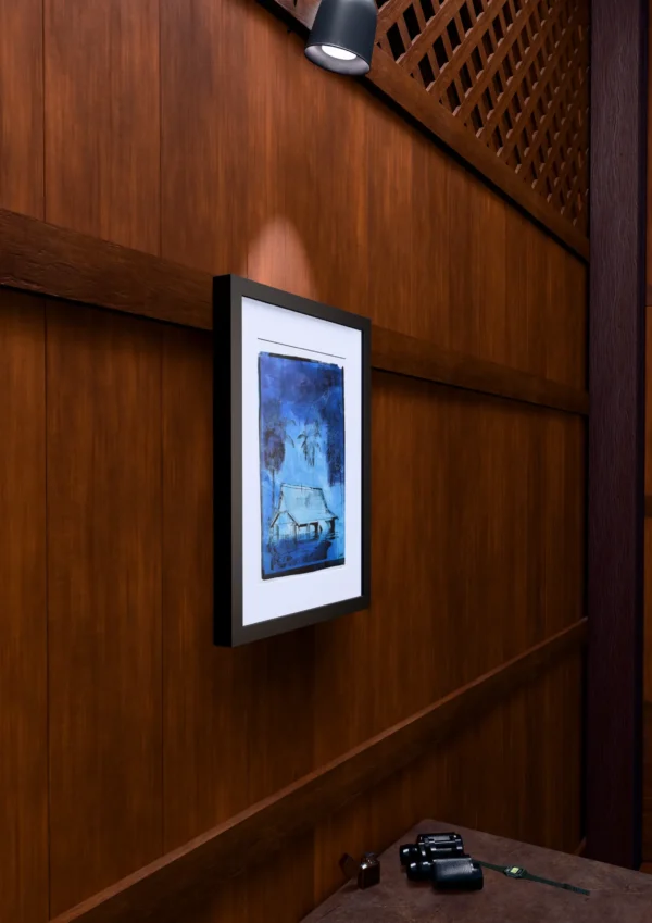 Frame 532 #3 Study, gel plate monotype by Daniel Arendzen, framed on a wooden wall under a spotlight, seen from the side, with binoculars, a watch and a lighter on a table below. The room is a Blender render of the interior of the same traditional Malaysian house shown in the print.