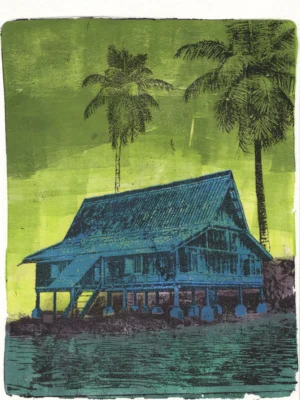 House in Blue, gel plate monotype by Daniel Arendzen, showing the printed image only: a blue traditional Malaysian house on stilts, standing on purple land at the edge of dark teal water, with two black coconut palms against a lime green sky. The blue was applied with a sponge and beaded up on the plate, leaving tiny light spots