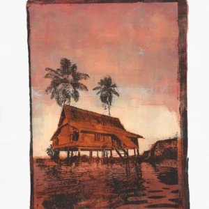 In Pink Sunset, gel plate monotype by Daniel Arendzen, shown in full including the paper and the pencil writing at the bottom. The impression shows a traditional Malaysian house in orange-brown with two palms, under a pink sunset sky, reflected in rust-coloured water, on textured cold-pressed paper