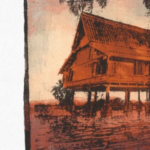 In Pink Sunset, gel plate monotype by Daniel Arendzen, shown as a close-up: the roof, walls and veranda of the house in orange-brown, with a palm above and the reflections in the water below