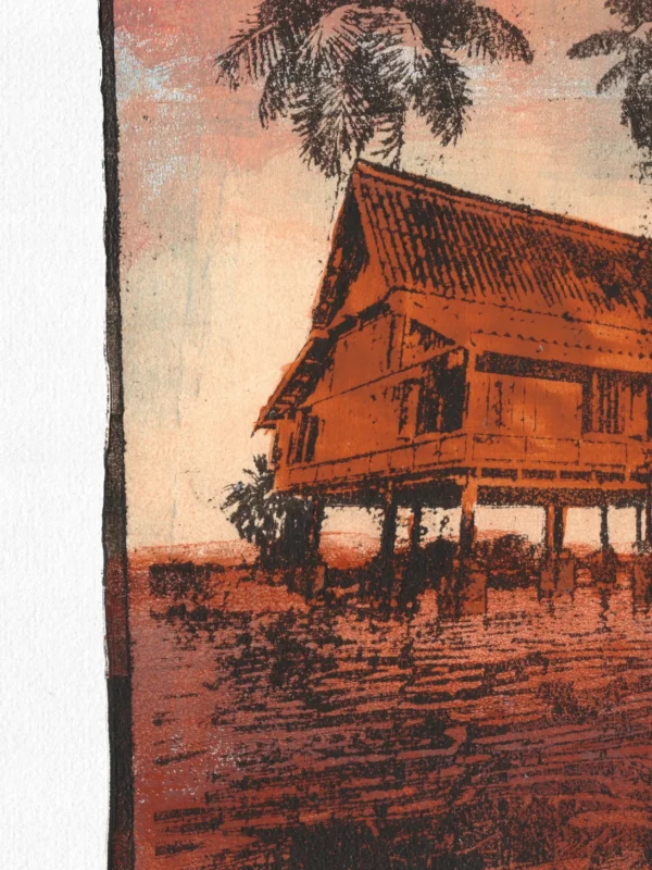 In Pink Sunset, gel plate monotype by Daniel Arendzen, shown as a close-up: the roof, walls and veranda of the house in orange-brown, with a palm above and the reflections in the water below