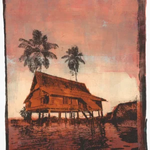 In Pink Sunset, gel plate monotype by Daniel Arendzen, showing the printed image only: a traditional Malaysian house on stilts in orange-brown with two dark palms, under a pink sunset sky that turns pale near the horizon, reflected in rust-coloured water, inside a dark edge
